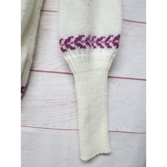 Vintage Mademoiselle Size Small (?) Cream Sweater w/ Purple Leaf Pattern - Picture 4 of 8